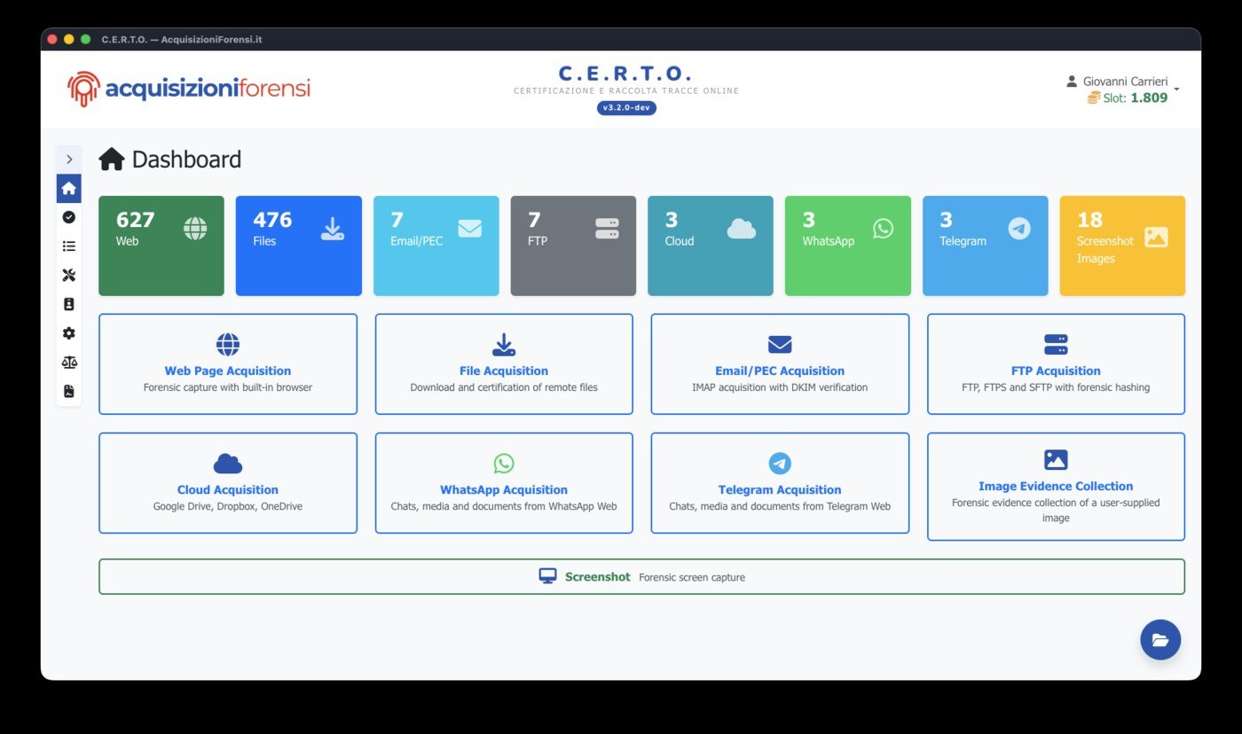Dashboard di C.E.R.T.O. — scelta del modulo di acquisizione