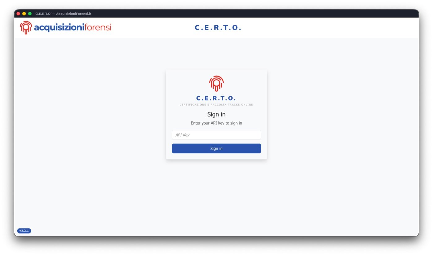 Schermata di attivazione di C.E.R.T.O. Desktop: inserimento dell'API key al primo avvio