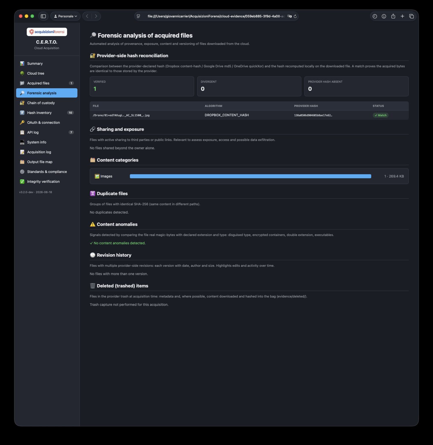 La scheda «Analisi forense» del report: riconciliazione dell'hash lato provider (Dropbox content-hash / Drive md5 / OneDrive quickXor), condivisione ed esposizione, categorie di contenuto, file duplicati, anomalie di contenuto, cronologia delle revisioni ed elementi eliminati. Clicca per vederla per intero.