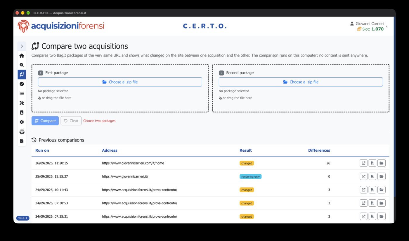 Schermata «Confronta due acquisizioni» di C.E.R.T.O.: si scelgono i due pacchetti BagIt (.zip) della stessa URL e si avvia il confronto, che gira sul computer senza inviare contenuti. Sotto, lo storico dei confronti con indirizzo, esito («modificato» o «solo resa grafica»), numero di differenze e le azioni per aprire, esportare in PDF o mostrare la cartella.