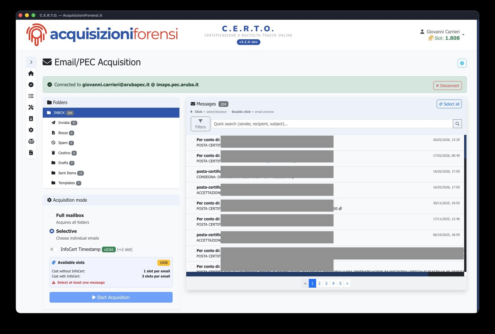 La casella PEC connessa in sola lettura: cartelle (INBOX, Inviata, Spam…), conteggio messaggi e selezione per l'acquisizione (intera casella o messaggi singoli). I messaggi PEC sono riconosciuti («Per conto di…», ACCETTAZIONE, CONSEGNA).