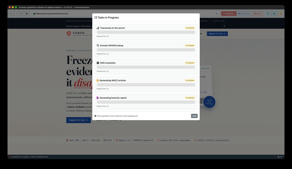 Appena premuto «Stop»: il programma avvia in parallelo traceroute, WHOIS, DNS, archivio WACZ e rapporto. La finestra si può nascondere: il lavoro continua.