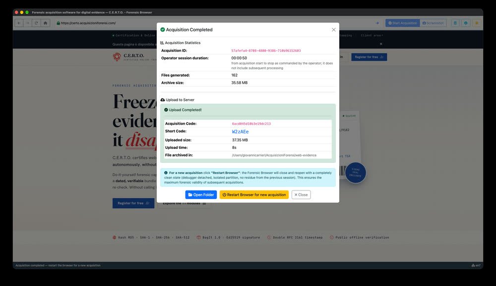 Invio completato: il server ha assegnato il codice 6acd045d10b3e19dc213 e il codice breve W2zAEe. La copia dello ZIP resta sul computer dell'operatore.