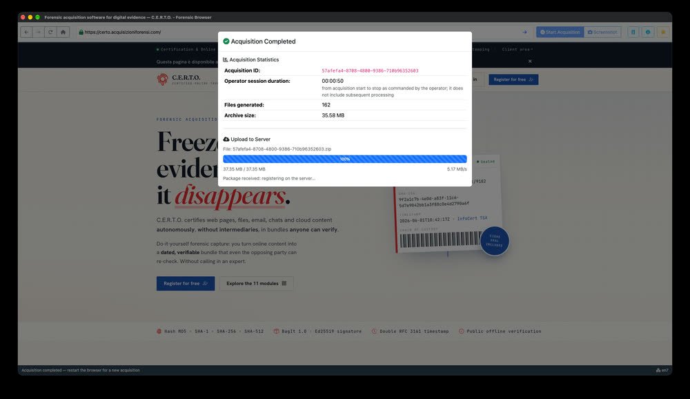 Acquisizione completata: ID, durata della sessione, dimensione dell'archivio. L'invio al server è al 100 %.