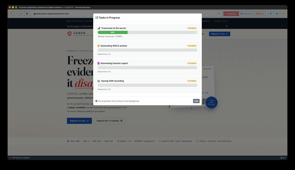 Pochi secondi dopo: traceroute al 30 %, salvataggio del traffico HTTP (HAR) in corso.