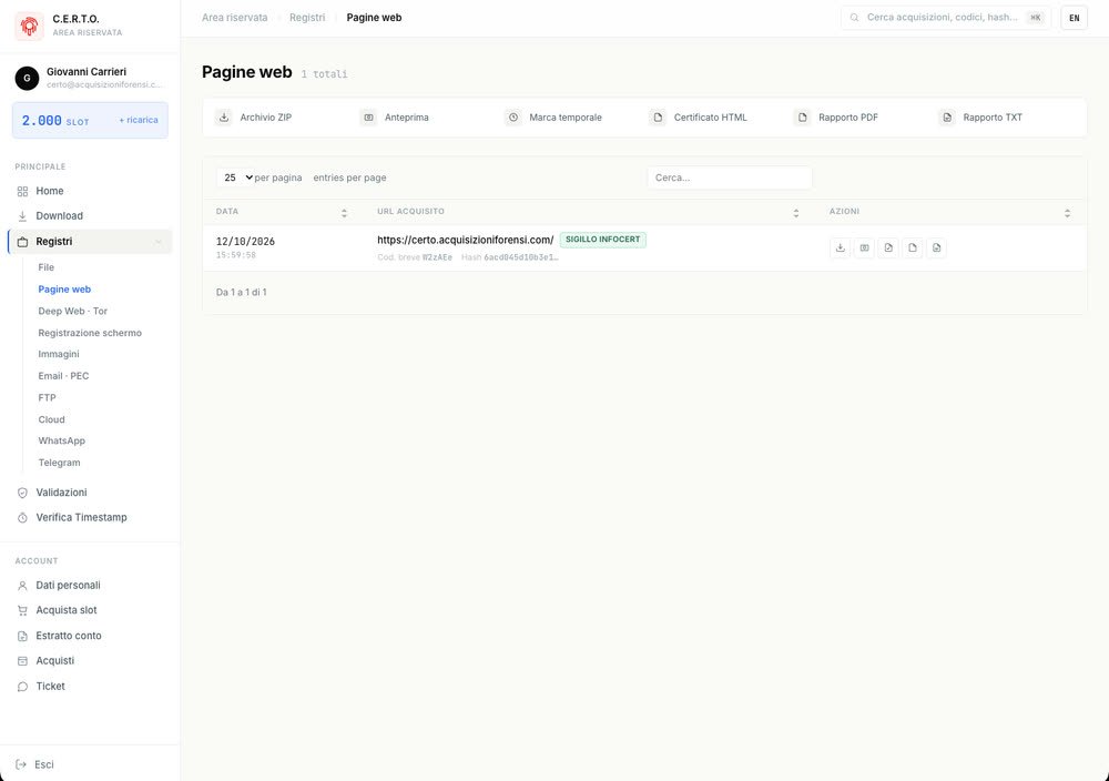 L'area riservata: il registro delle pagine web con l'acquisizione, l'etichetta «Sigillo InfoCert» e le sei azioni.