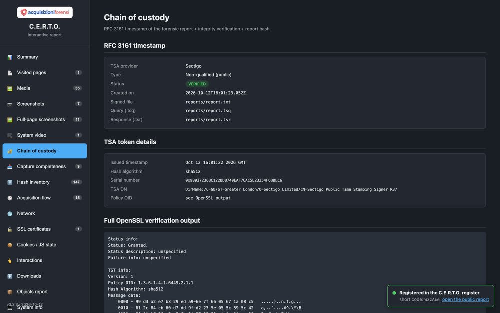 Catena di custodia: la marca Sectigo sul rapporto, verificata, con l'uscita completa di OpenSSL e i comandi per rifare la verifica a mano.