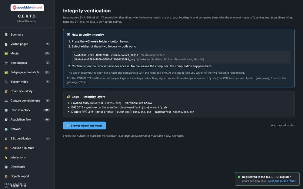 Verifica di integrità nel browser: si sceglie la cartella e il cruscotto ricalcola le SHA-256 dei 147 file in locale, senza inviarli al server. Per la verifica completa rimanda a verify.sh e verify.bat.