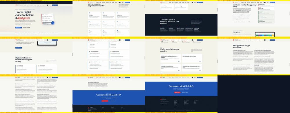 Le 11 sezioni della pagina intera ricatturata a posteriori (screenshots-fullpage), affiancate. Ogni sezione ha la sua filigrana.