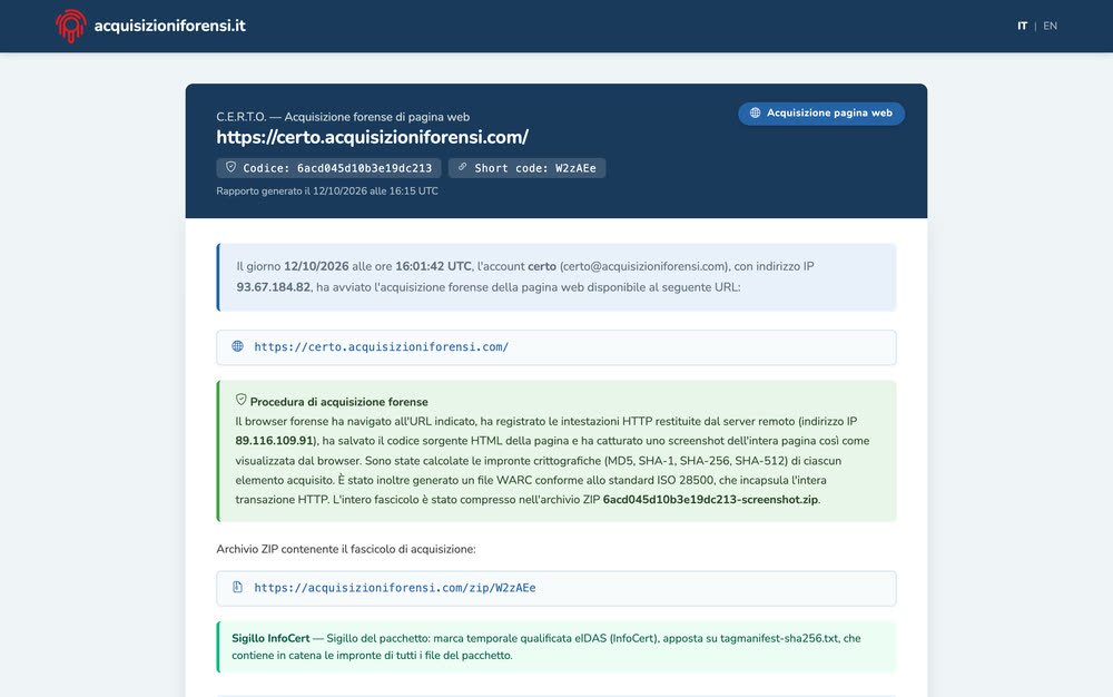 Il rapporto HTML pubblico, /crt/W2zAEe: procedura, sigillo InfoCert, schermata con filigrana e, sotto, le tabelle delle impronte.