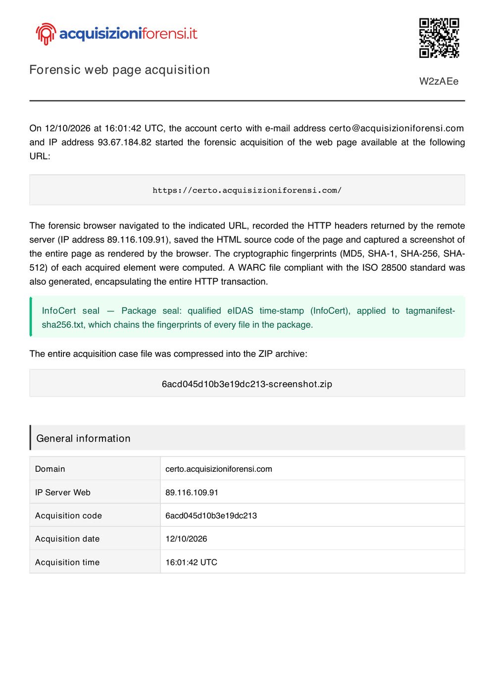 Il rapporto PDF, /doc/W2zAEe: prima delle tre pagine, con il codice QR che rimanda al rapporto online.
