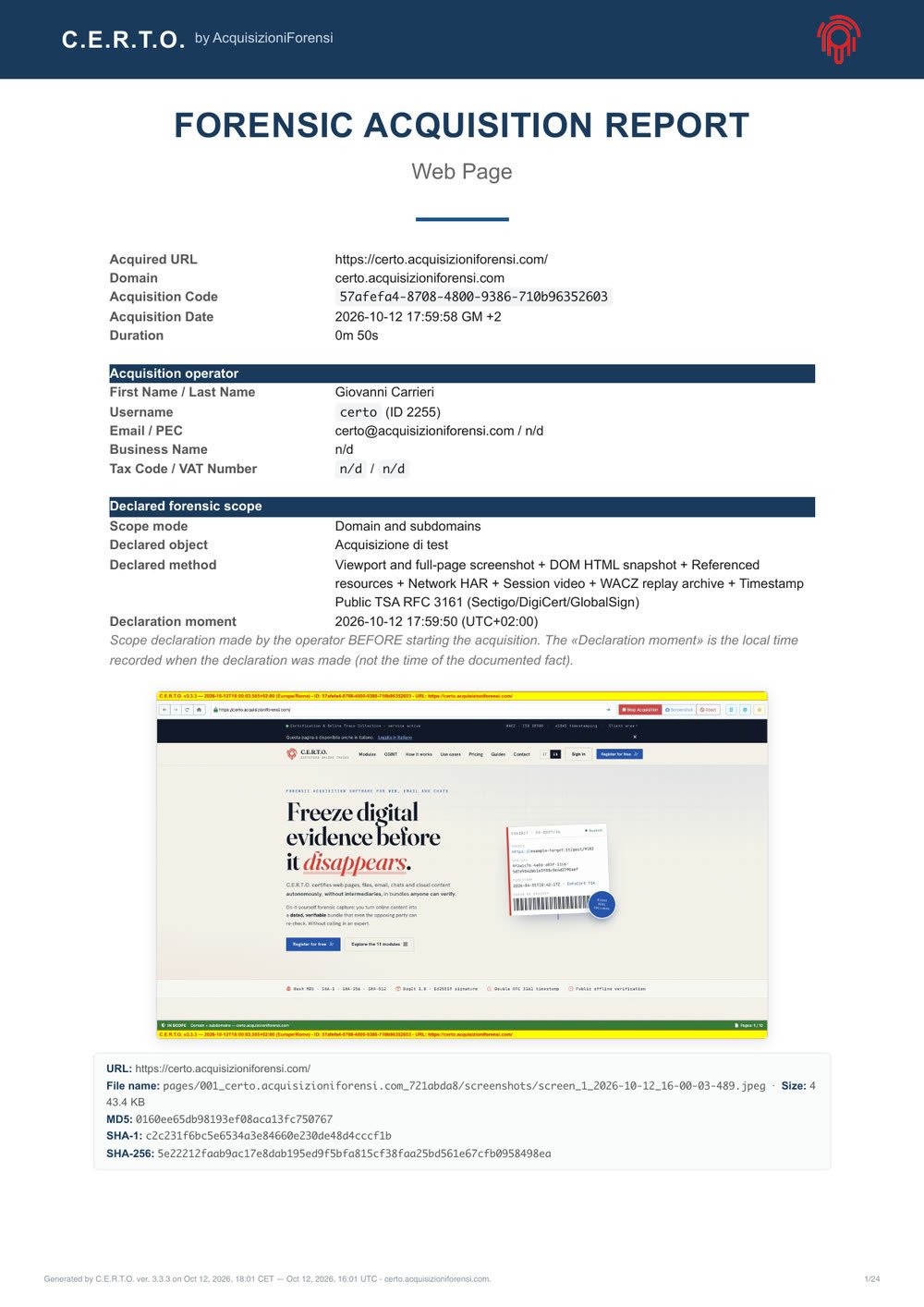 Prima pagina di reports/report.pdf: URL, codice, operatore, ambito dichiarato e la prima schermata con le sue impronte.