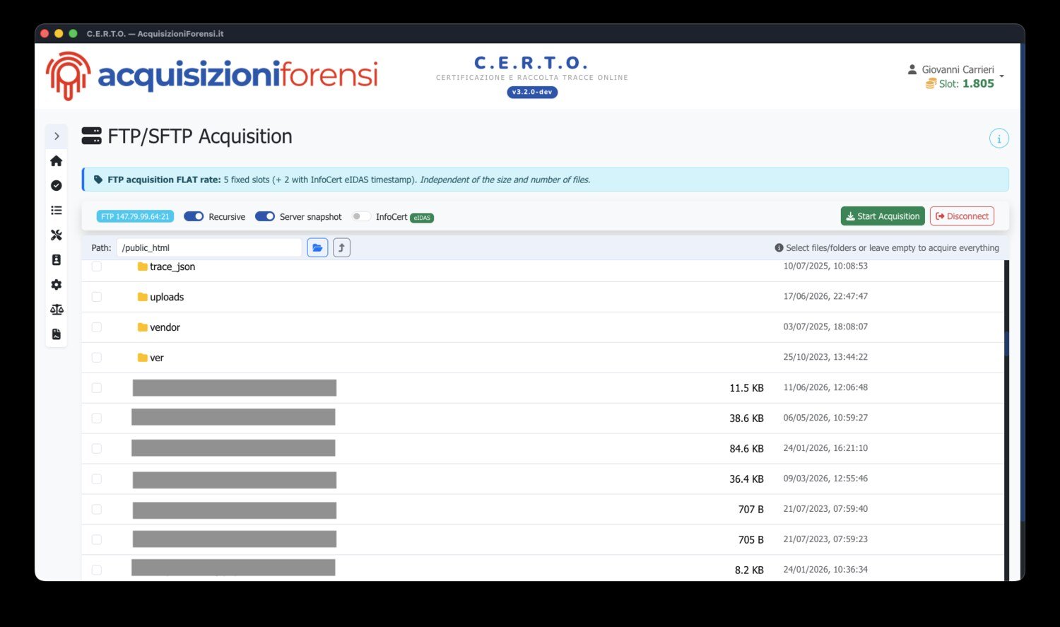 Il navigatore remoto: l'operatore esplora le cartelle del server (con dimensioni e date), attiva le opzioni «Ricorsiva» e «Snapshot del server» e seleziona cosa acquisire — oppure lascia vuoto per copiare tutto.