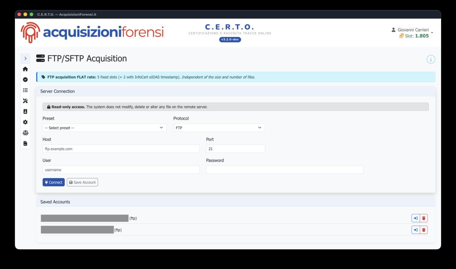 Schermata «Acquisizione FTP/SFTP» di C.E.R.T.O. Desktop: connessione al server (FTP/FTPS/SFTP) con host, porta e credenziali, in accesso di sola lettura. La tariffa è fissa, indipendente da dimensione e numero di file.