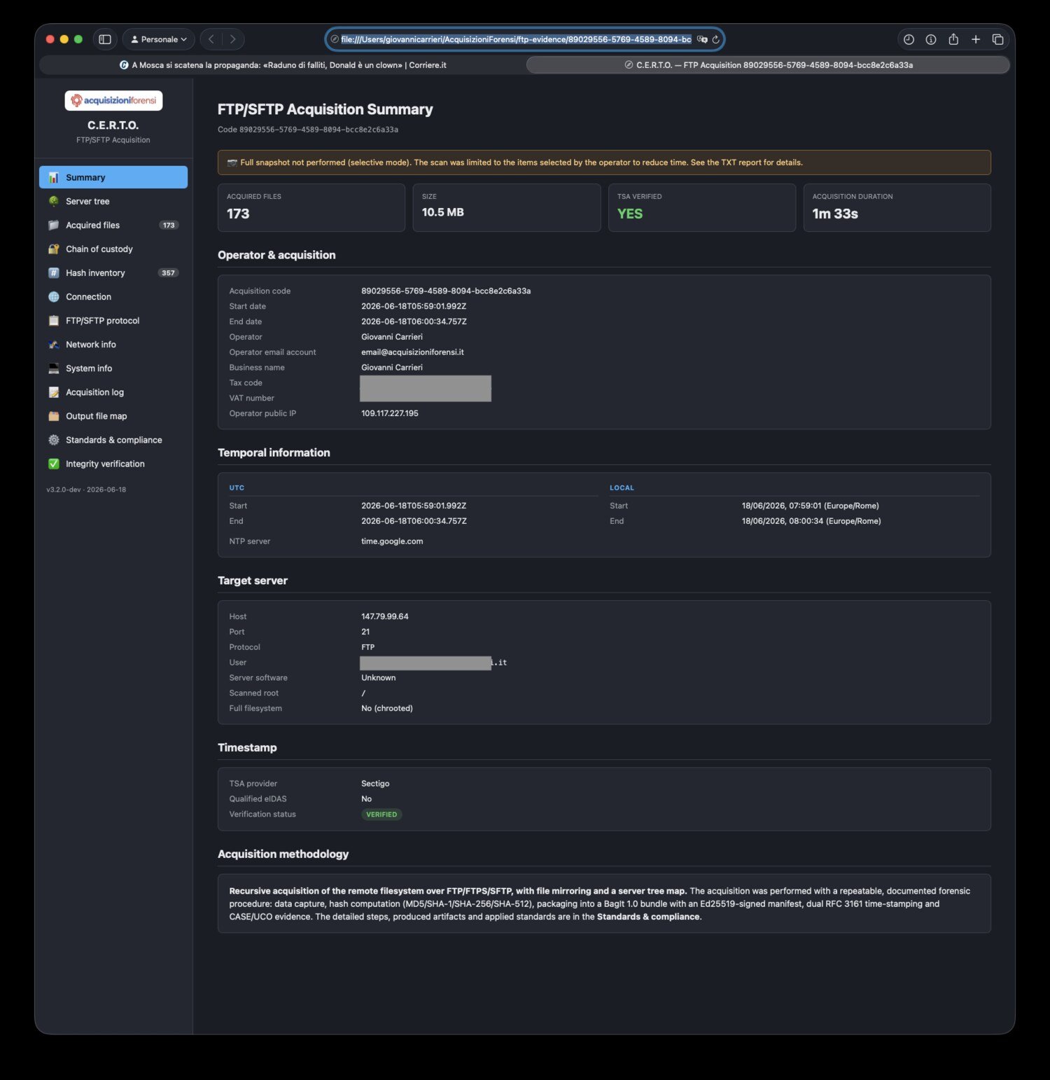 Report forense finale: il cruscotto interattivo del fascicolo FTP — riepilogo, albero del server, file acquisiti, inventario hash, connessione e protocollo, informazioni di rete e di sistema, catena di custodia e verifica integrità.