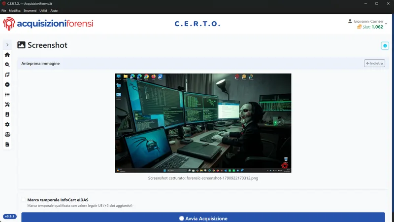 The preview of the screenshot just captured, with the InfoCert eIDAS timestamp checkbox and the Start Acquisition button