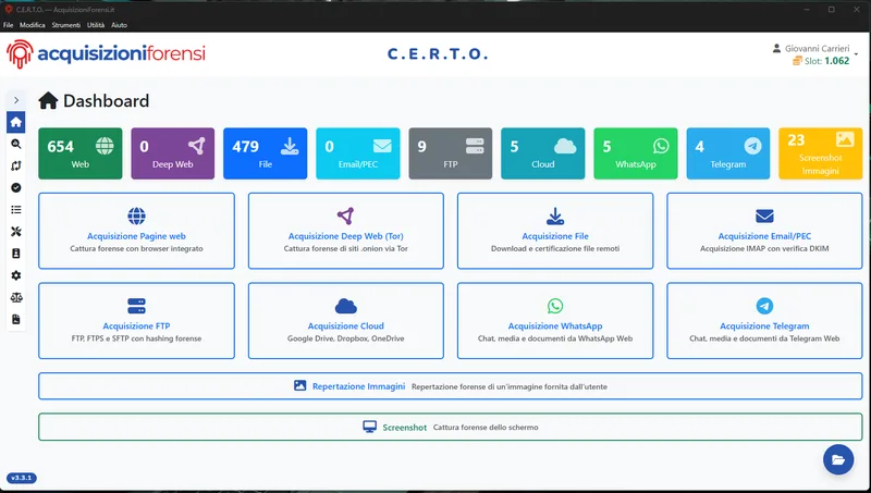 The C.E.R.T.O. dashboard with the module tiles and, at the bottom, the Screenshot bar