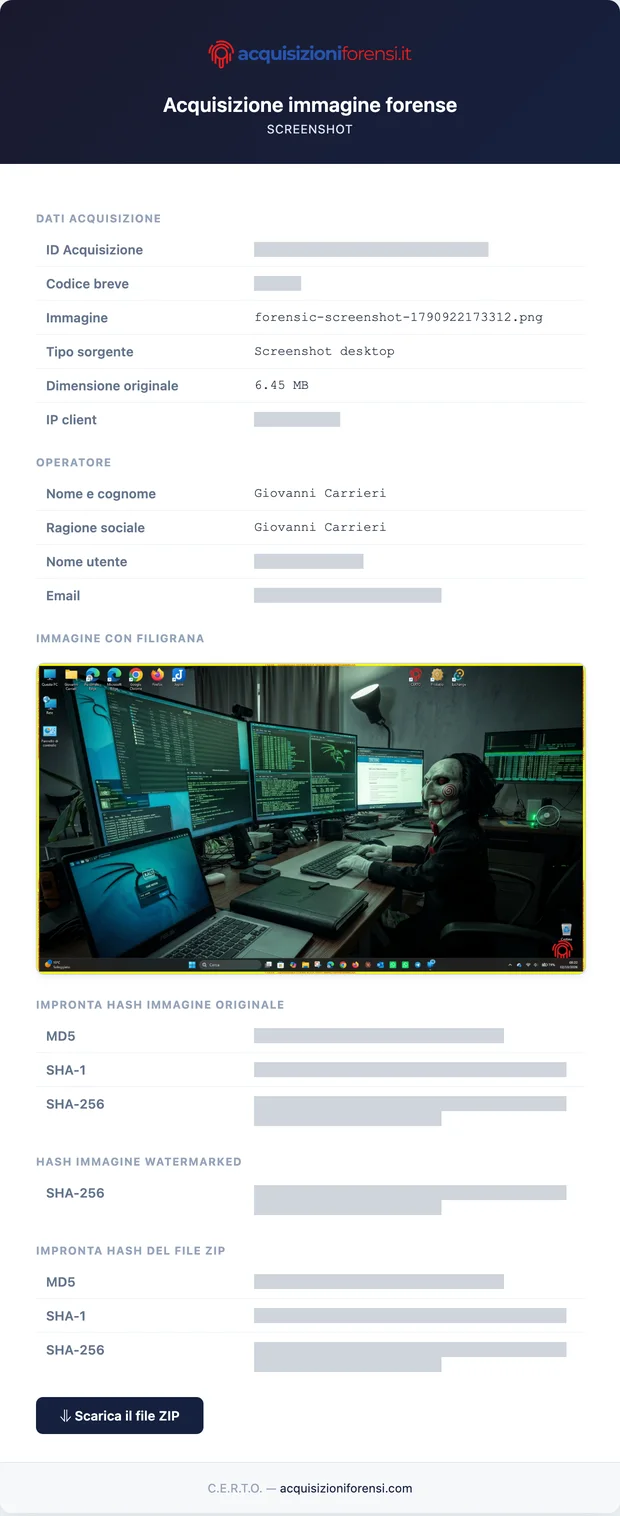 The acquisition confirmation email: acquisition details, operator, watermarked image and hashes