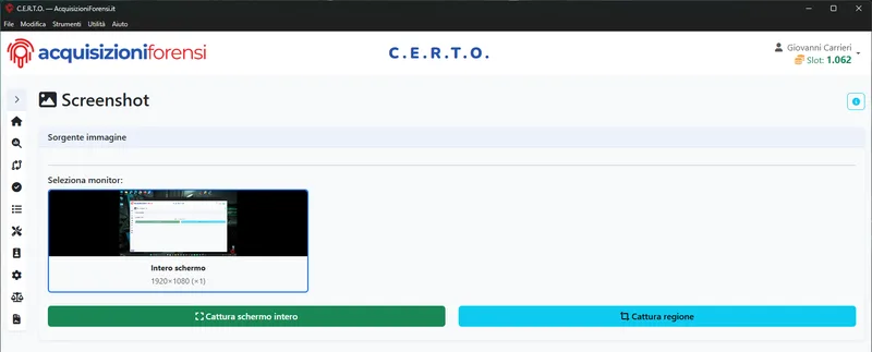 The Screenshot page of C.E.R.T.O.: the selected monitor with its preview and the Capture full screen and Capture region buttons