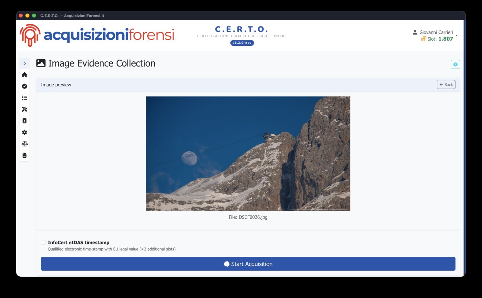 Schermata «Repertazione Immagini» di C.E.R.T.O. Desktop: anteprima dell'immagine fornita dall'utente, opzione di marca temporale InfoCert qualificata eIDAS e avvio della certificazione con analisi forense approfondita.