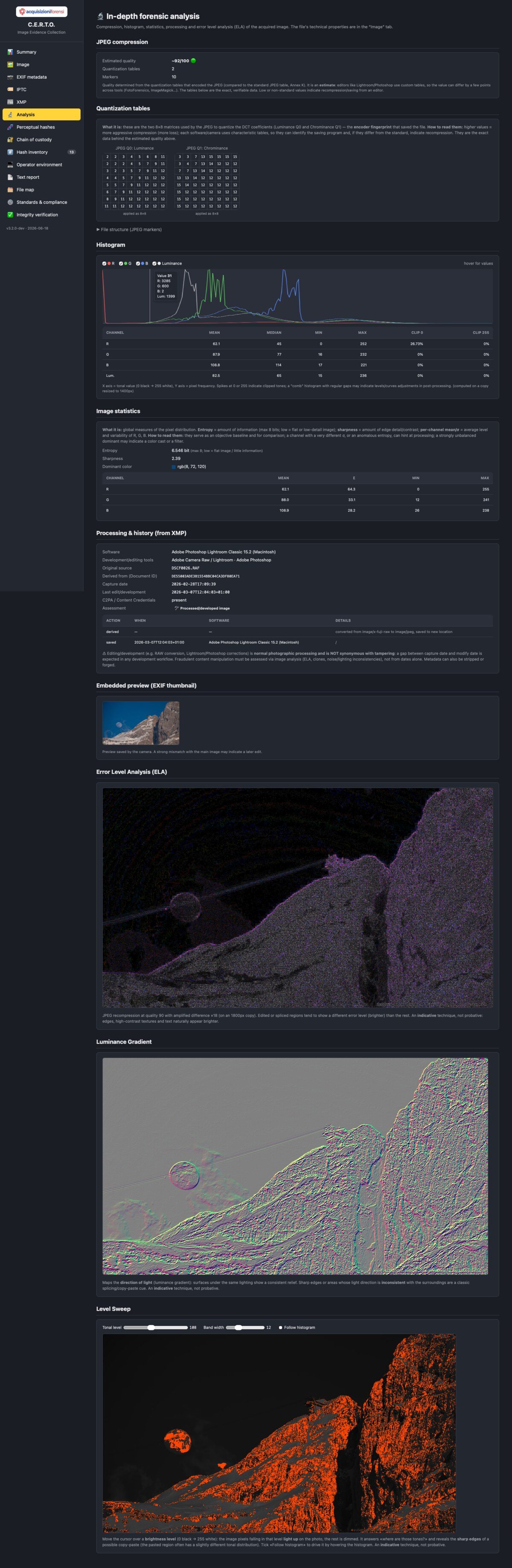 La scheda «Analisi forense approfondita» del report: compressione e qualità JPEG, tabelle di quantizzazione, istogramma interattivo, statistiche dei pixel, storia di editing da XMP, anteprima EXIF incorporata, Error Level Analysis, Luminance Gradient e Level Sweep. Clicca per vederla per intero.