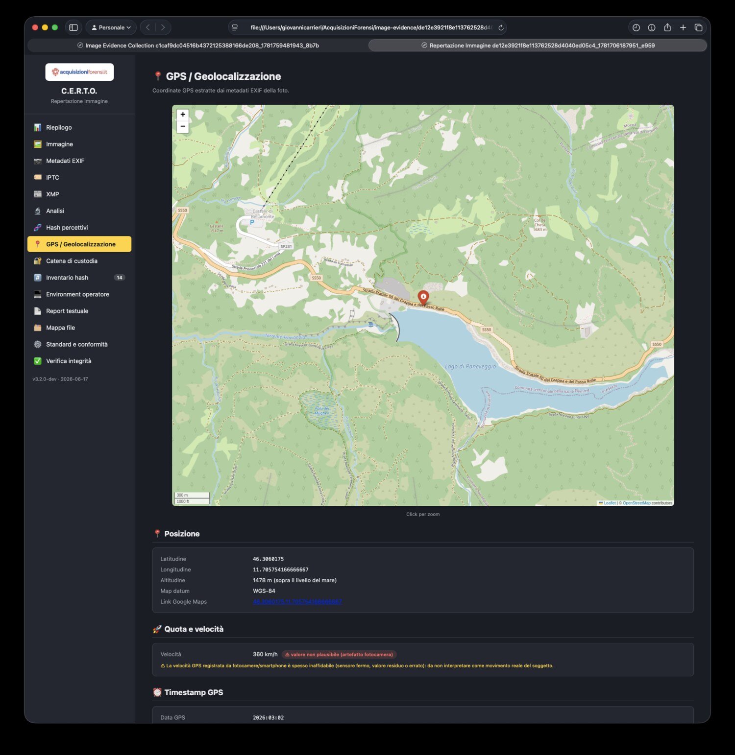 Geolocalizzazione GPS: le coordinate estratte dai metadati EXIF della foto sono mostrate su mappa OpenStreetMap, con posizione, quota e timestamp GPS.