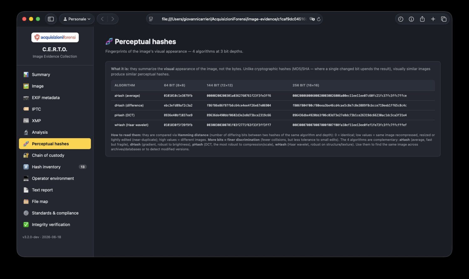 Hash percettivi: 4 algoritmi (aHash, dHash, pHash, wHash) a 3 profondità di bit (64/144/256), confrontabili tramite distanza di Hamming per ritrovare la stessa immagine o rilevarne versioni modificate.