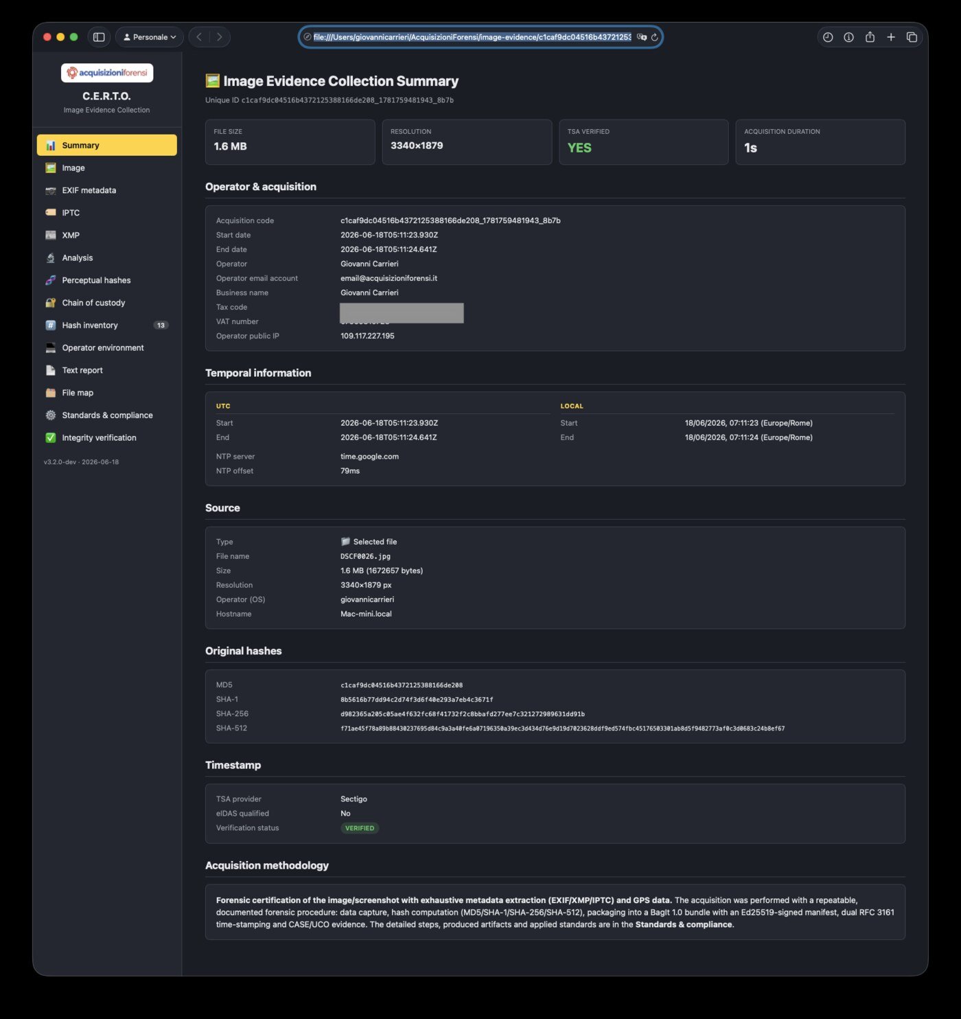 Report forense finale: il cruscotto interattivo del fascicolo immagine — riepilogo, immagine, EXIF/IPTC/XMP, analisi forense, hash percettivi, catena di custodia, inventario hash e verifica integrità.