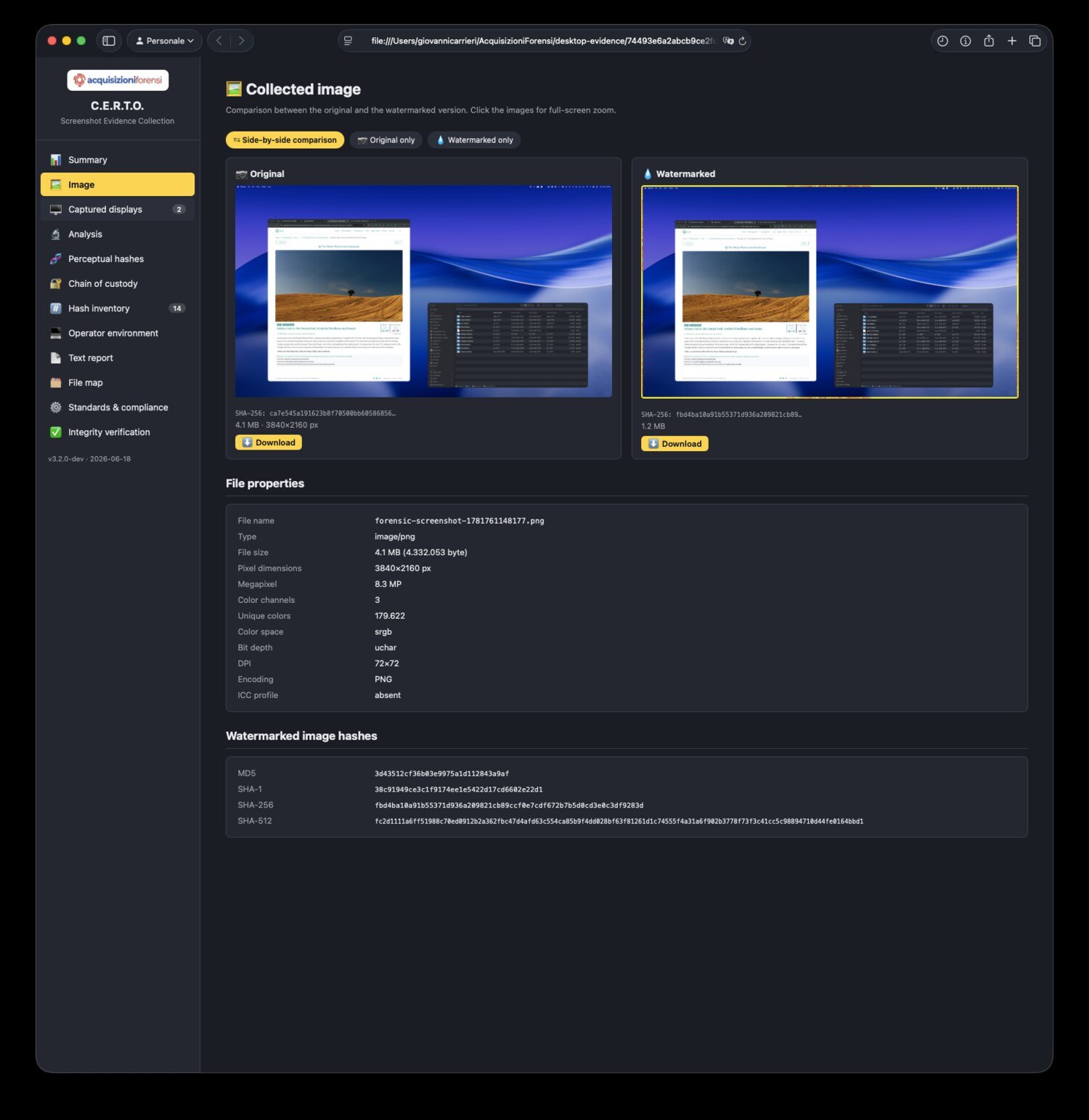 Nel report: confronto tra l'originale catturato e la versione filigranata, con le proprietà del file e gli hash di entrambe le versioni. La cattura avviene alla risoluzione nativa dei monitor (qui 3840×2160).