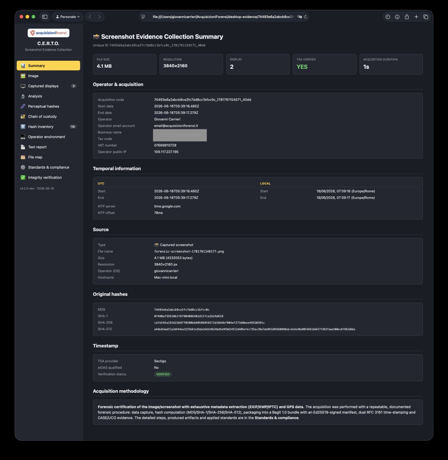 Report forense finale: il cruscotto interattivo del fascicolo screenshot — riepilogo, immagine catturata, display acquisiti, analisi, hash percettivi, ambiente operatore, catena di custodia e verifica integrità.
