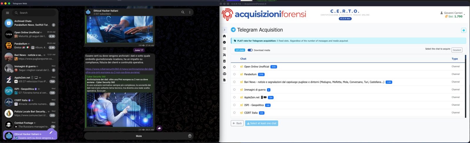 L'acquisizione avviene da Telegram Web: a sinistra il proprio account collegato, a destra C.E.R.T.O. che elenca chat, gruppi e canali e ne consente la selezione (qui 157 chat, con i canali e i rispettivi conteggi). Tariffa fissa: 5 slot (+2 con marca InfoCert qualificata eIDAS), indipendente dal volume.