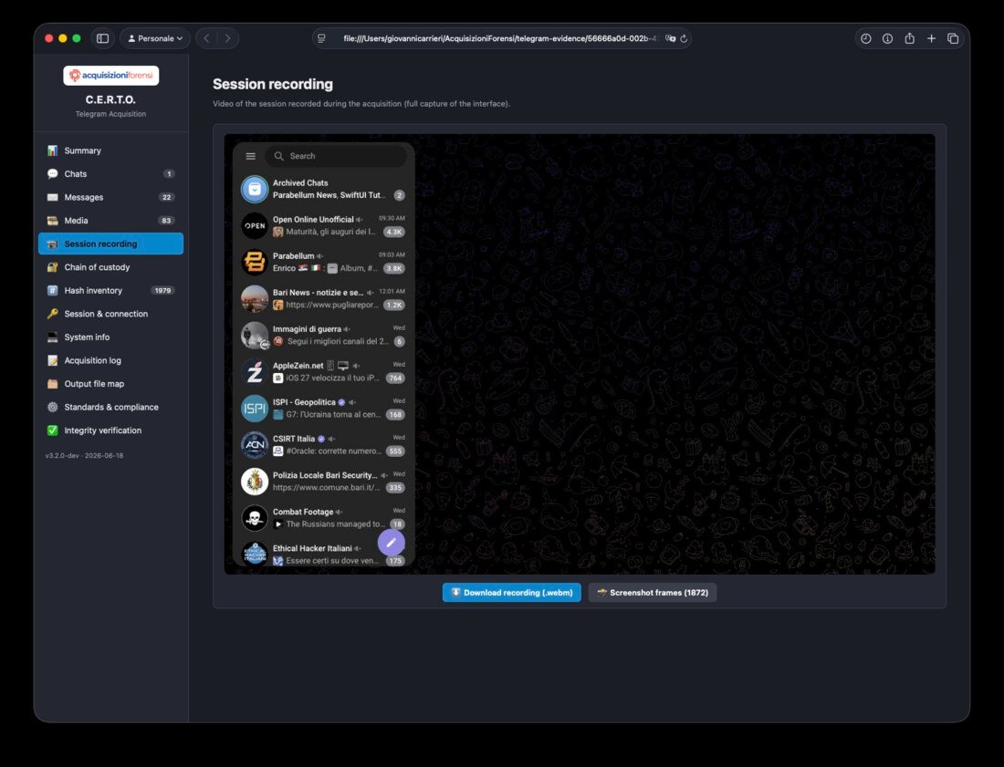 L'interfaccia di Telegram Web ripresa nella registrazione della sessione: la lista delle chat, dei gruppi e dei canali dell'account. L'intera sessione è registrata in video (.webm) e per fotogrammi, scaricabili dal fascicolo. Clicca per ingrandire.