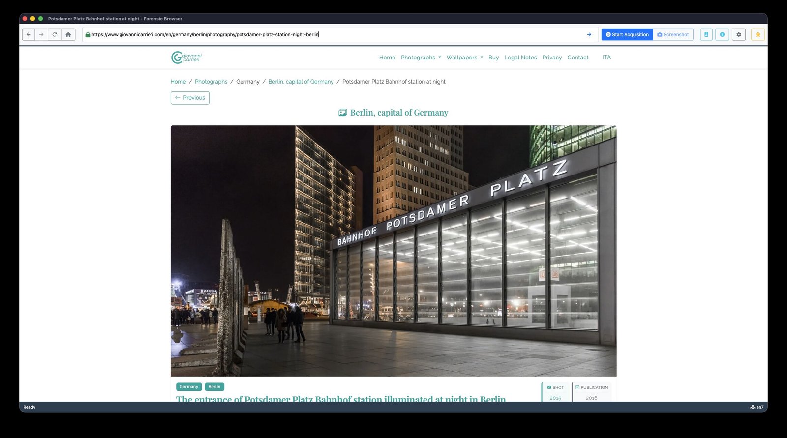 Browser forense integrato: barra URL del target e pulsante «Avvia acquisizione». Con «Screenshot» l'operatore cattura la schermata quando lo ritiene opportuno mentre interagisce con la pagina; la navigazione resta confinata allo scope dichiarato.