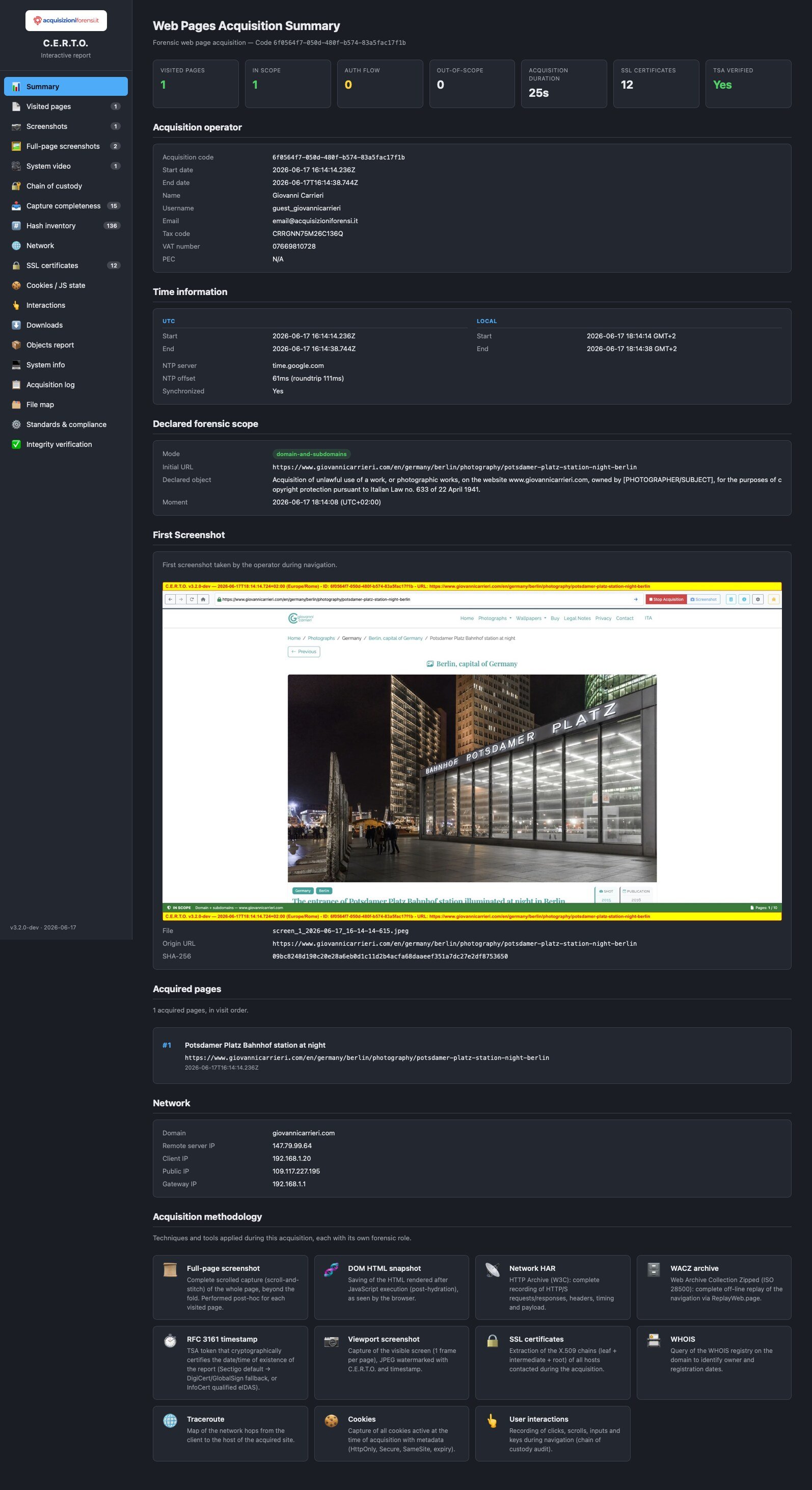 Report forense finale: il cruscotto interattivo index-interactive.html del fascicolo — riepilogo, pagine, screenshot, rete, certificati, completezza, inventario hash e verifica integrità.