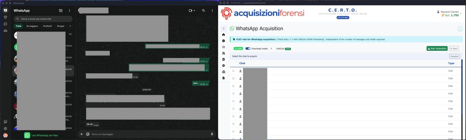 L'acquisizione avviene da WhatsApp Web: a sinistra il proprio account collegato col codice QR, a destra C.E.R.T.O. che elenca le chat e ne consente la selezione. Tariffa fissa: 5 slot (+2 con marca InfoCert qualificata eIDAS), indipendente dal numero di messaggi e media.