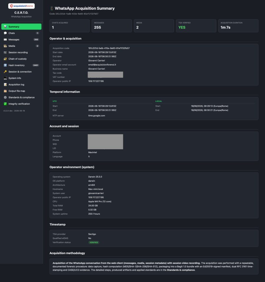 Report forense finale: il cruscotto interattivo del fascicolo WhatsApp — riepilogo (chat, messaggi, media, durata, marca TSA), operatore e acquisizione, account e sessione, ambiente di sistema, chat e messaggi, media, registrazione della sessione, catena di custodia, inventario hash e verifica integrità.