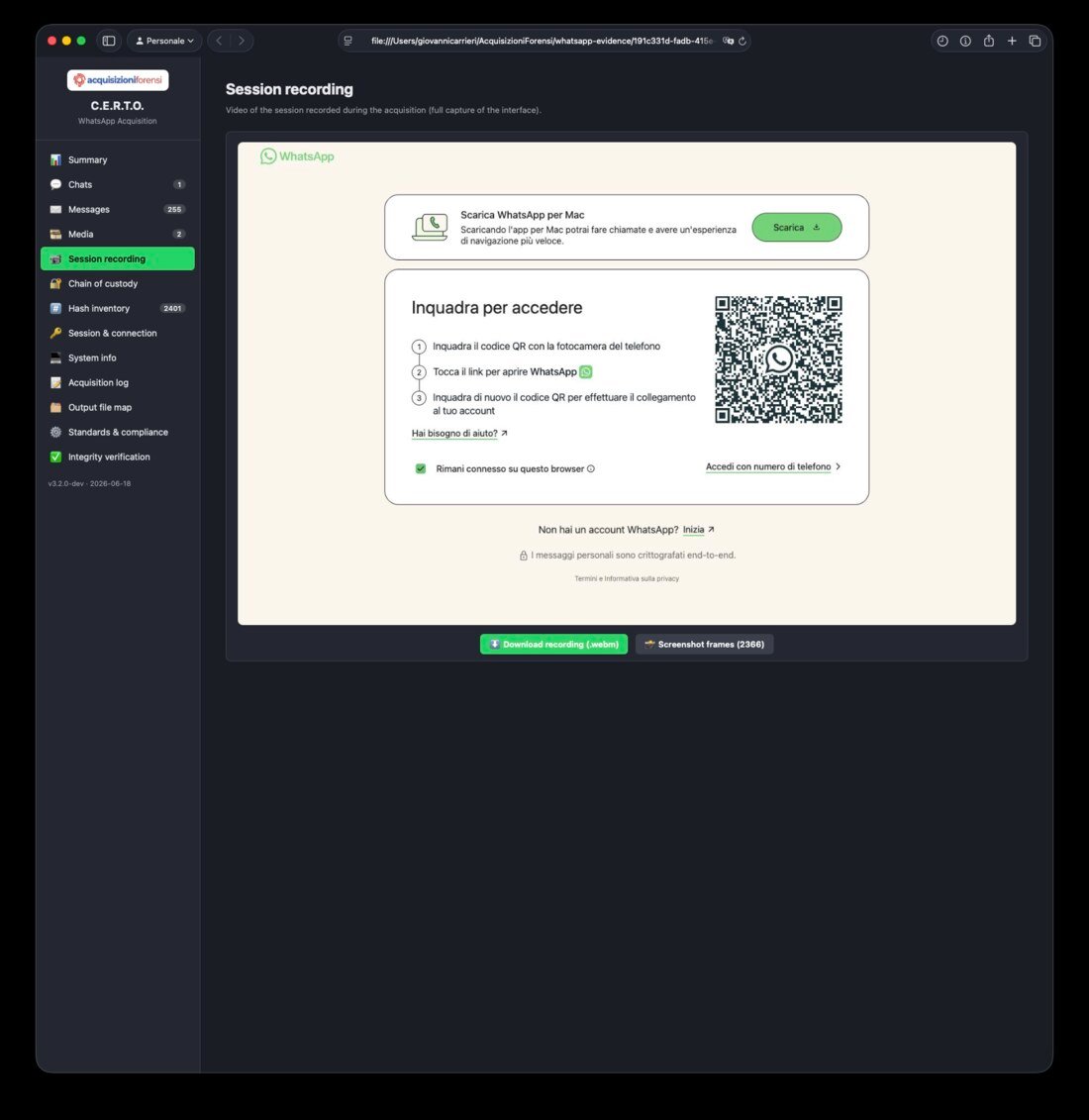 La schermata di collegamento di WhatsApp Web ripresa nella registrazione della sessione: si inquadra il codice QR con il telefono per collegare l'account. L'intera sessione è registrata in video (.webm) e per fotogrammi, scaricabili dal fascicolo. Clicca per ingrandire.