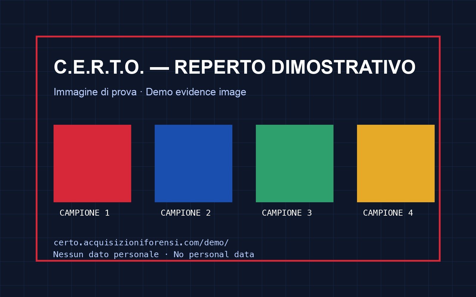 Immagine di prova di C.E.R.T.O.: quattro riquadri colorati su una griglia, con la scritta «reperto dimostrativo»