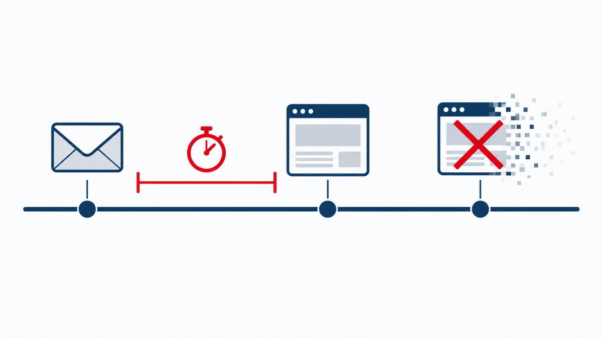 Linea del tempo: l’email arriva, la pagina è online, poi sparisce; la finestra utile per acquisirla è breve